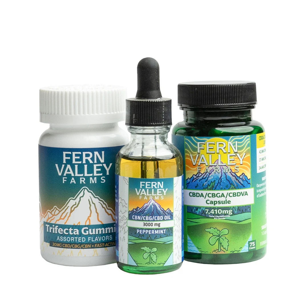 trifecta bundle at fern valley farms, gummies, oil, and capsules