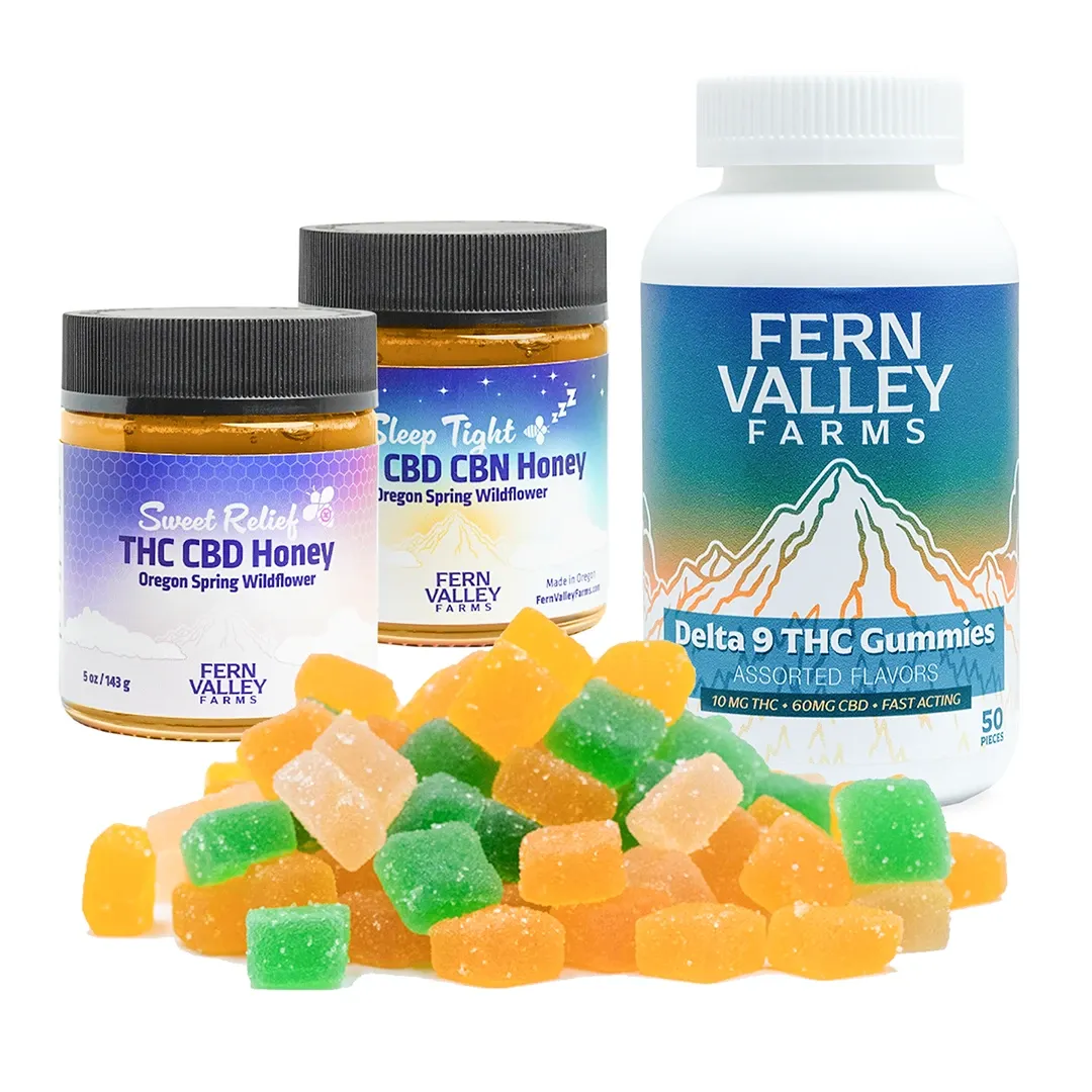 cbd thc cbn edibles from fern valley farms - gummies and infused honey