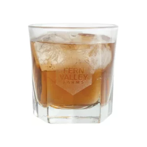 fern valley farms old fashioned glass with etched logo